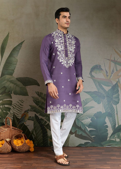 Pastel Purple Rayon Kurta with White Royal Embroidery: Festive Must-Have
