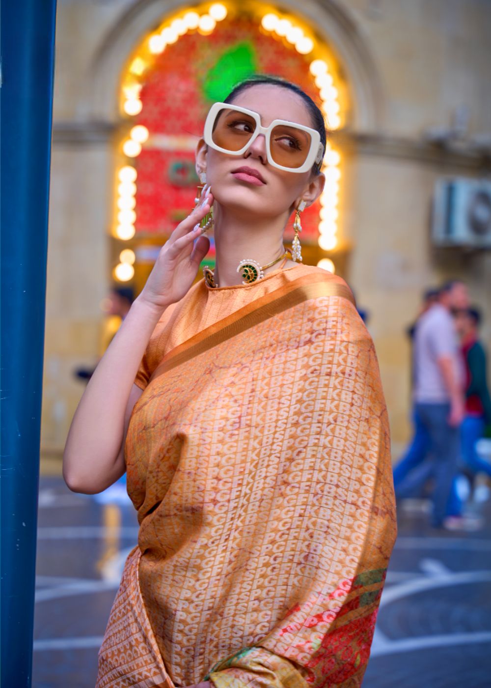 Warm Saffron Orange with Aqua & Ochre Mix Poly Viscose Handloom Weaving with Digital Print
