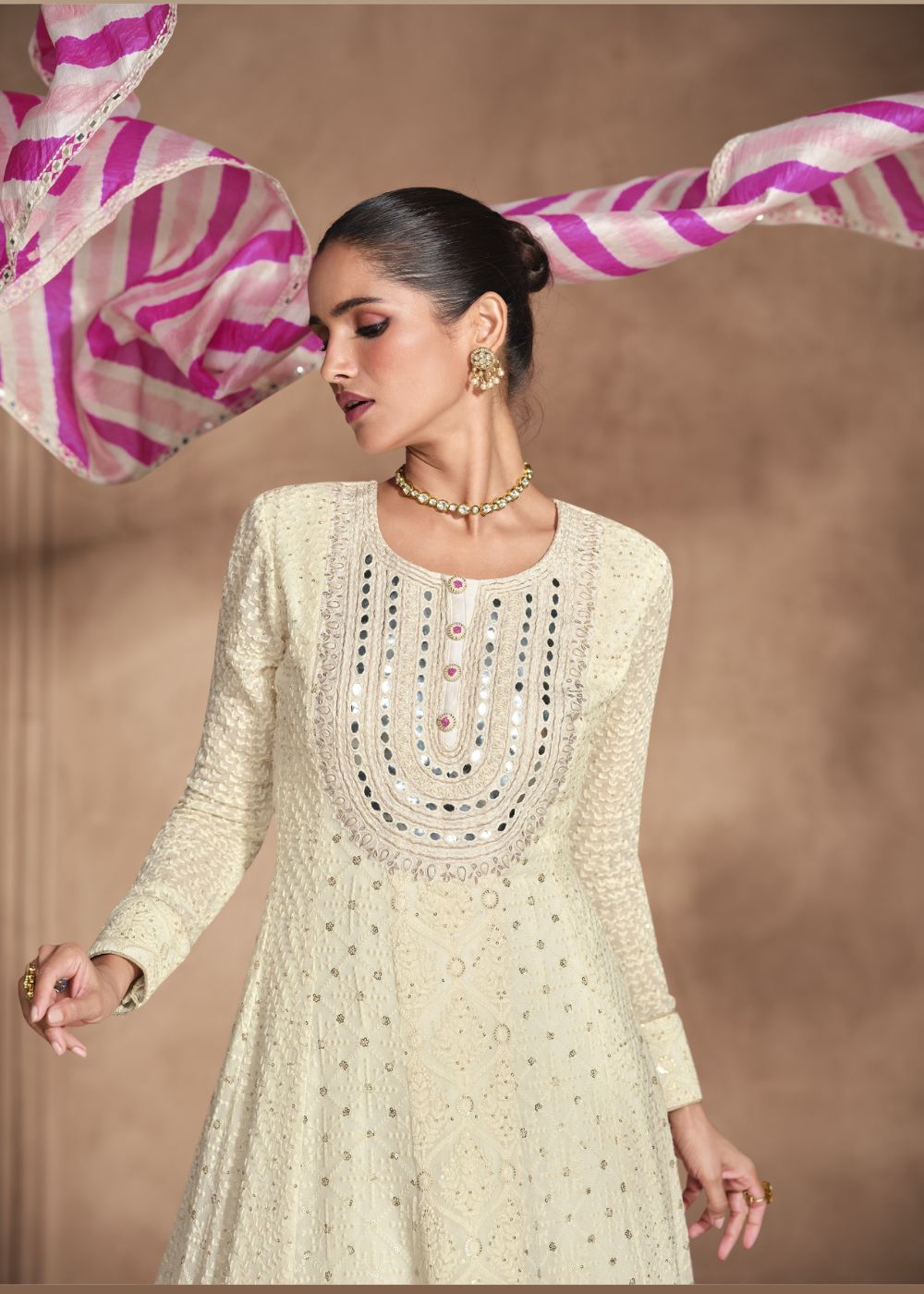 Ivory Georgette Chikankari Suit with Mirror Yoke & Magenta Striped Dupatta