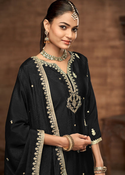 Royal Black - Designer Chinon Silk Suit Set : Ethnic