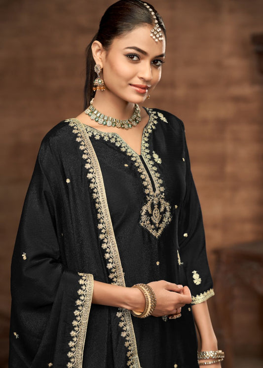 Royal Black - Designer Chinon Silk Suit Set : Ethnic