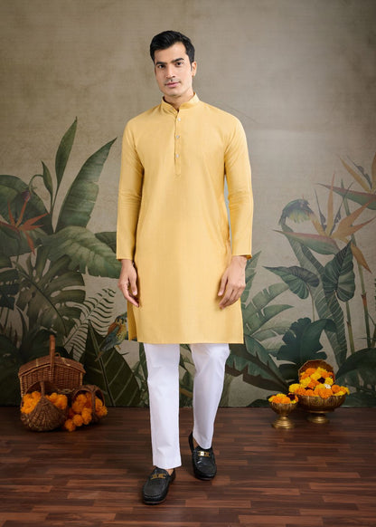 Saffron Majesty – Yellow Viscose Silk Kurta with Embroidered Jacquard Koti