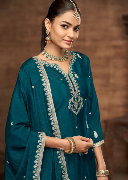 Teal Grace-Designer Chinon Silk Suit Set
