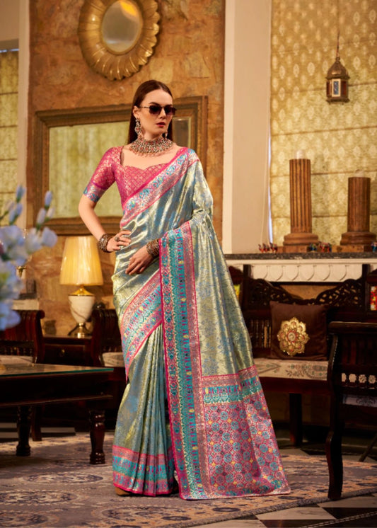 Greyish Blue Tissue Silk Saree with Designer Contrast Border & Pallu