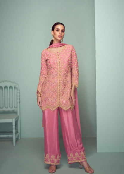 Gulnaar Roohani Blush Designer Chinon Embroidered Suit Set