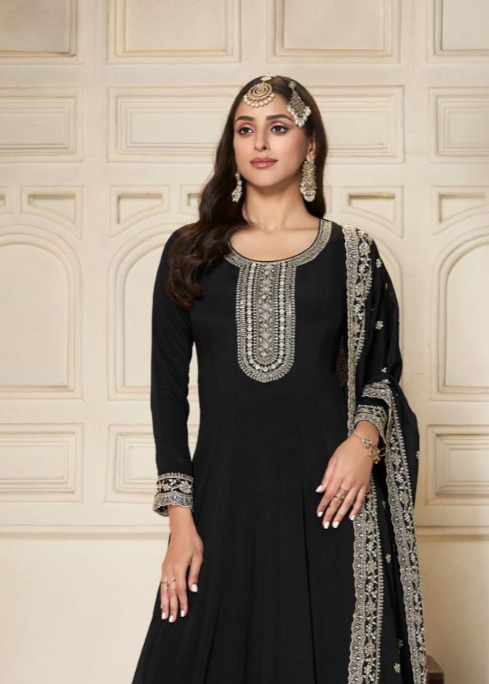 Midnight Elegance Embroidered Chinnon Gown
