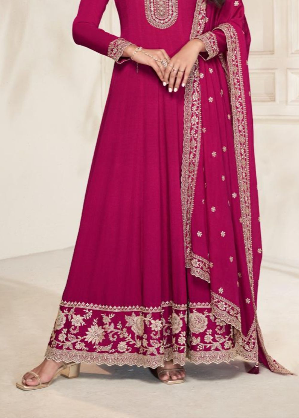 Fuchsia Bloom Embroidered Chinnon Gown