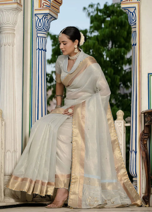 Mint Opulence Tissue Linen Saree with Traditional Handwork and Zari Accents