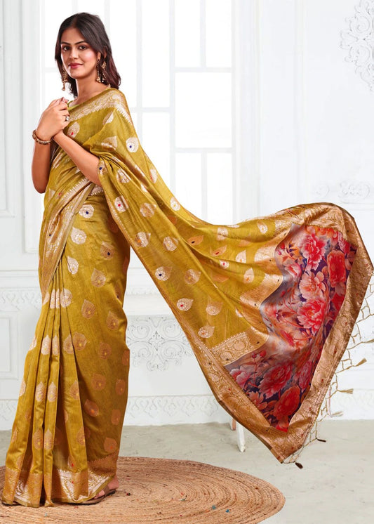 Mustard Marigold Linen Cotton Saree with Zari Paisley Butta & Blooming Pallu Design