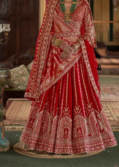 Scarlet Elegance – Classic Red Bridal Lehenga Set with Double Dupatta