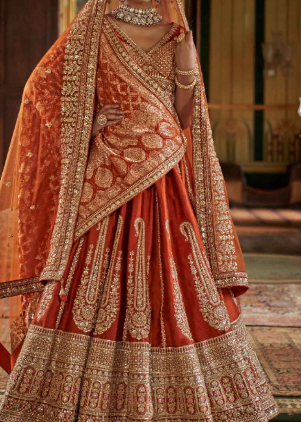 Sunset Glow – Saffron Orange Bridal Lehenga Set with Double Dupatta