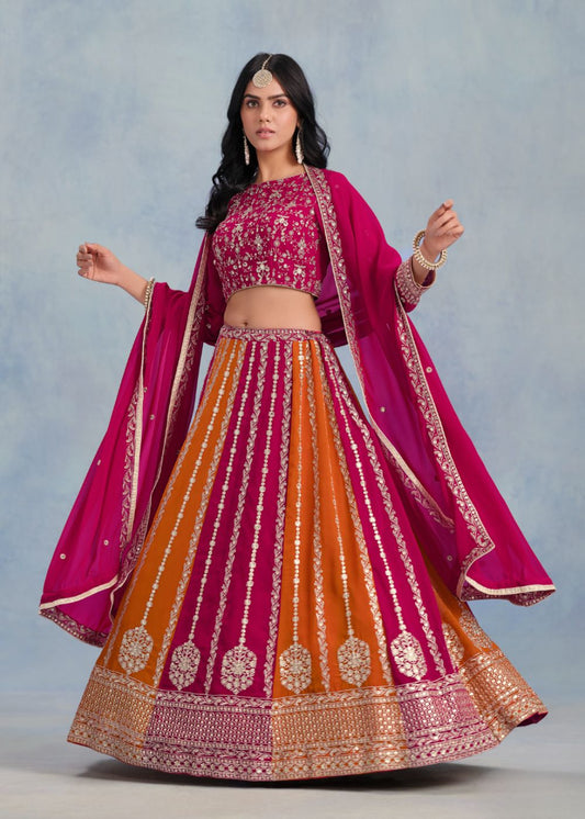 Radiant Magenta & Saffron Embroidered Georgette Lehenga Set