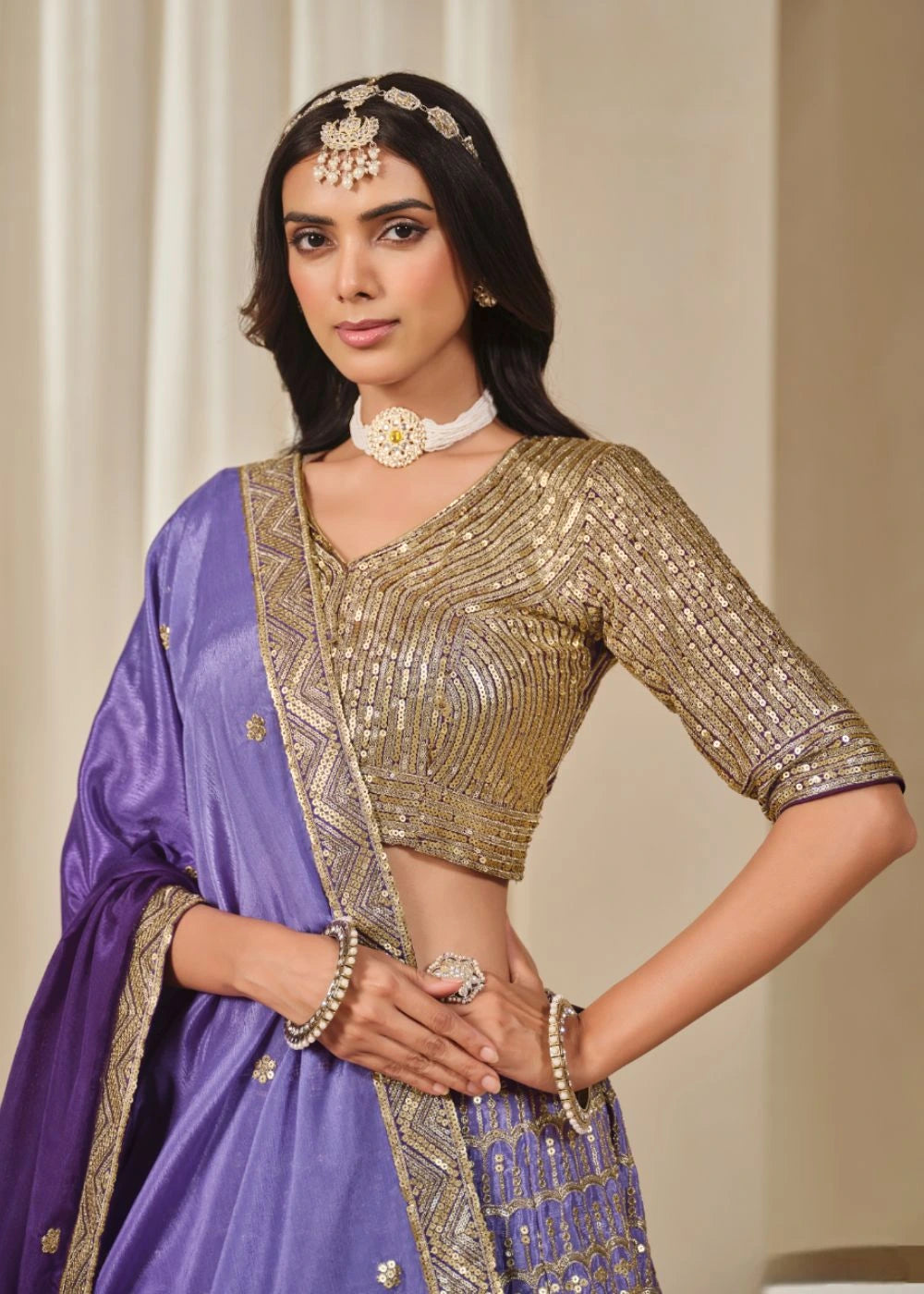 Majestic Amethyst – Imperial Purple Chinon Silk Lehenga with Regal Lavender Drapes