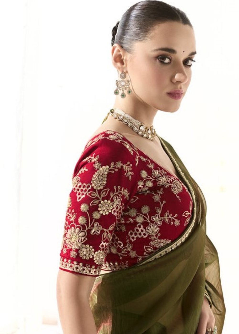 Harit Vastra – Olive Green Organza Tissue Saree with Butta Work