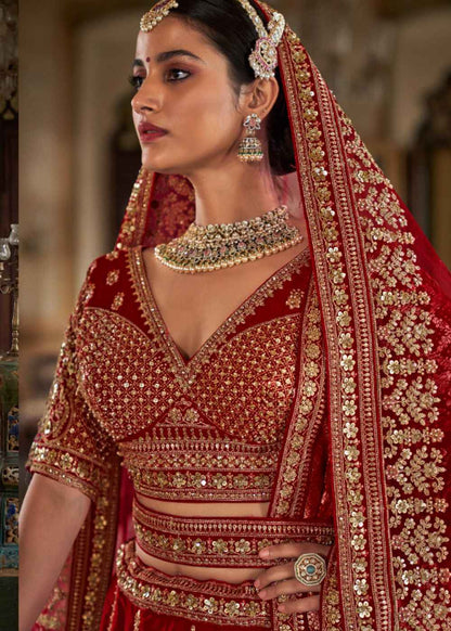 Ruby Charm – Bold Red Bridal Lehenga Set with Double Dupatta