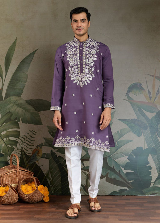 Pastel Purple Rayon Kurta with White Royal Embroidery: Festive Must-Have