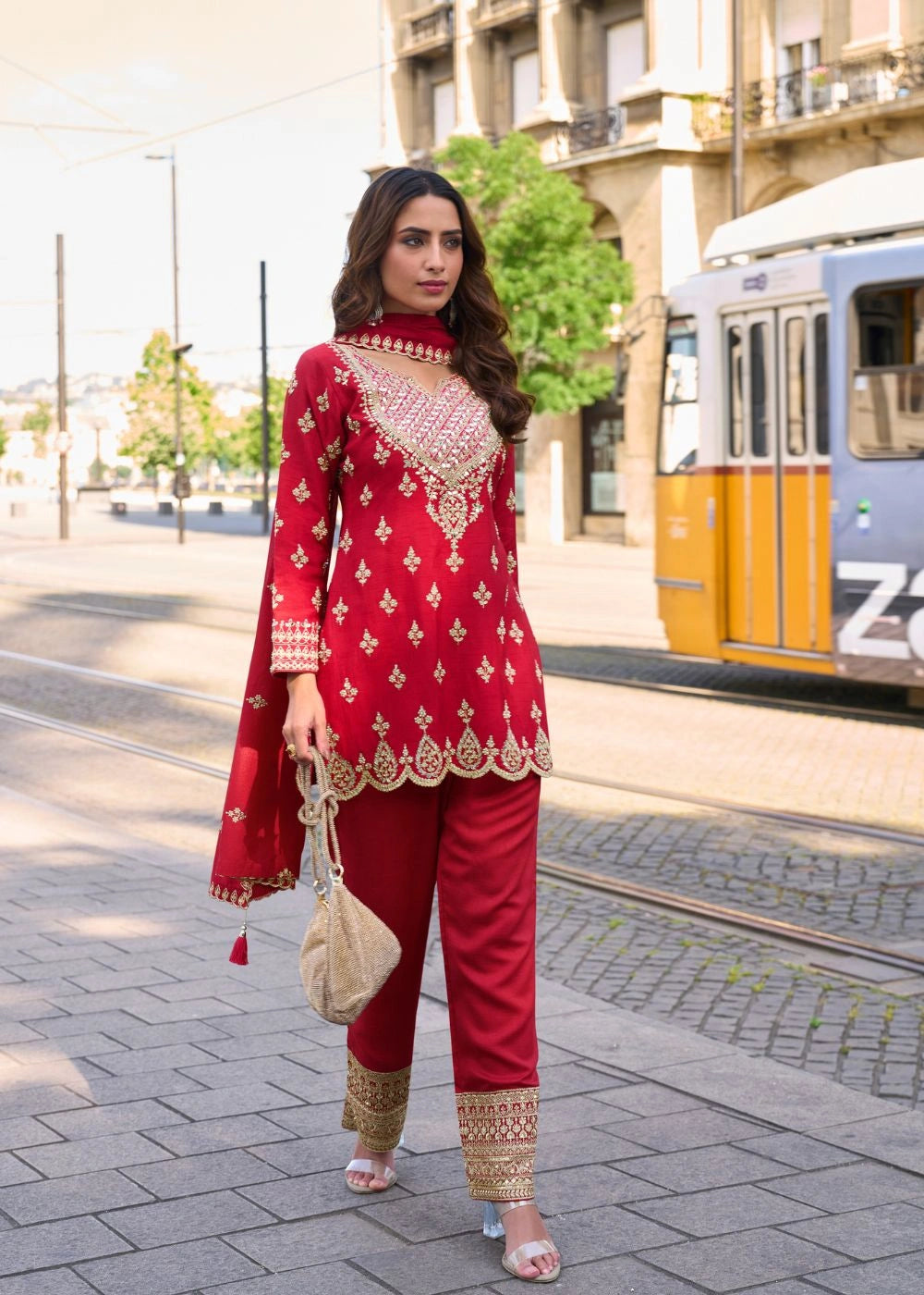 Crimson Red Simar Silk Suit with Mirror & Zari Embroidery