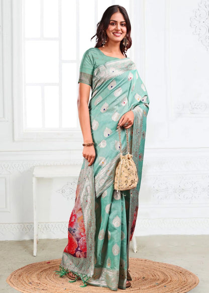 Sea Green Linen Cotton Saree with Silver Paisley Weaves & Vibrant Floral Pallu