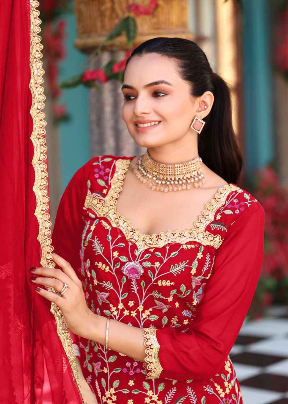 Crimson Regal Allure Embroidered Georgette Ensemble