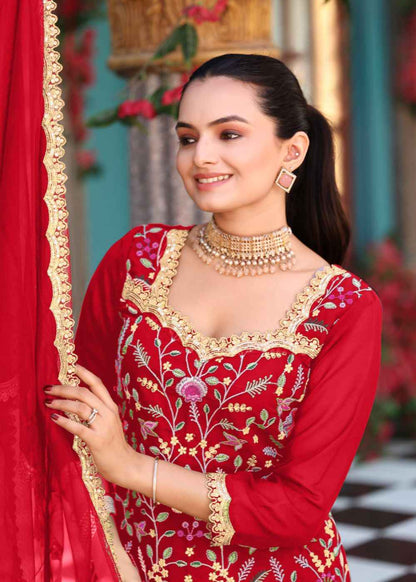Crimson Regal Allure Embroidered Georgette Ensemble