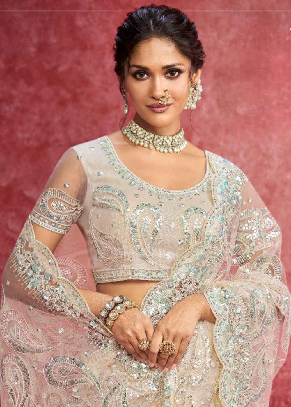 Off White Elegance (Nett Work Saree)