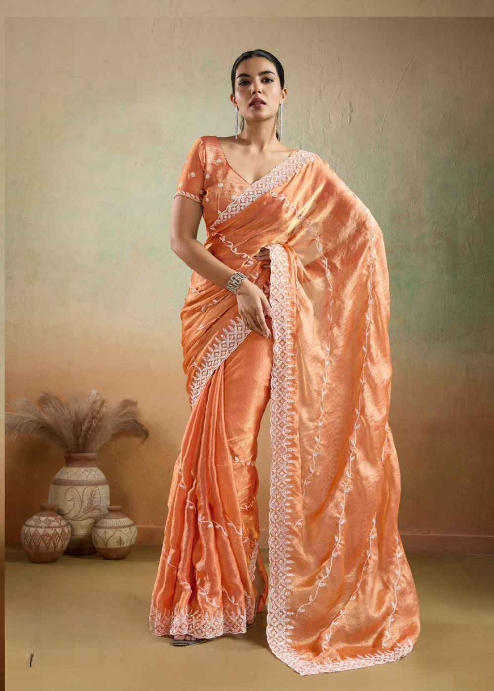 Sunset Coral Velvet Chiffon Saree