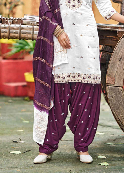 Ivory Plum Dream – White & Wine Embroidered Silk Ensemble