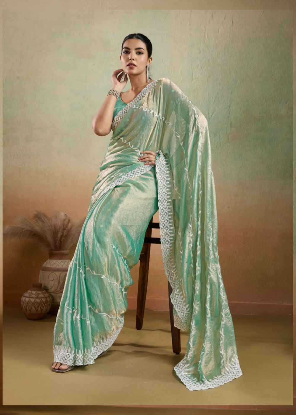 Aqua Mist Velvet Chiffon Saree