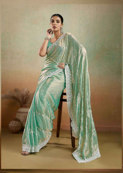 Aqua Mist Velvet Chiffon Saree