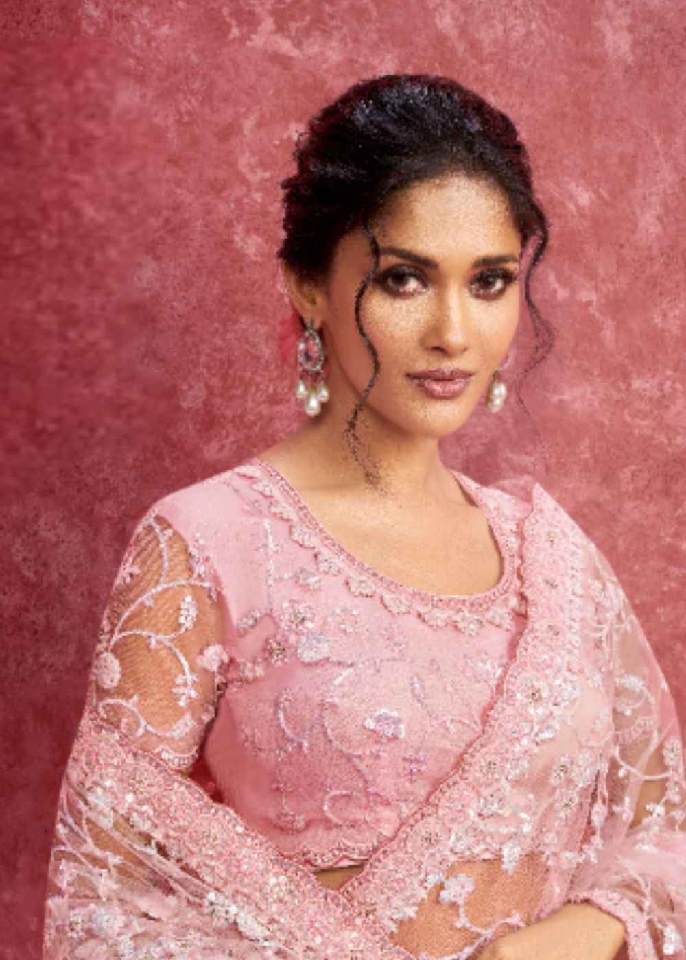 Rose Blush Net Embroidery Saree