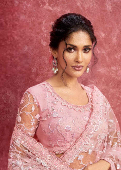 Rose Blush Net Embroidery Saree