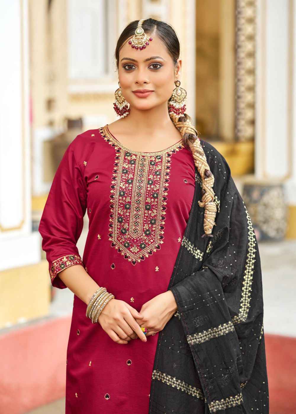 Crimson Black Elegance – Embroidered Ruby Silk Patiyala