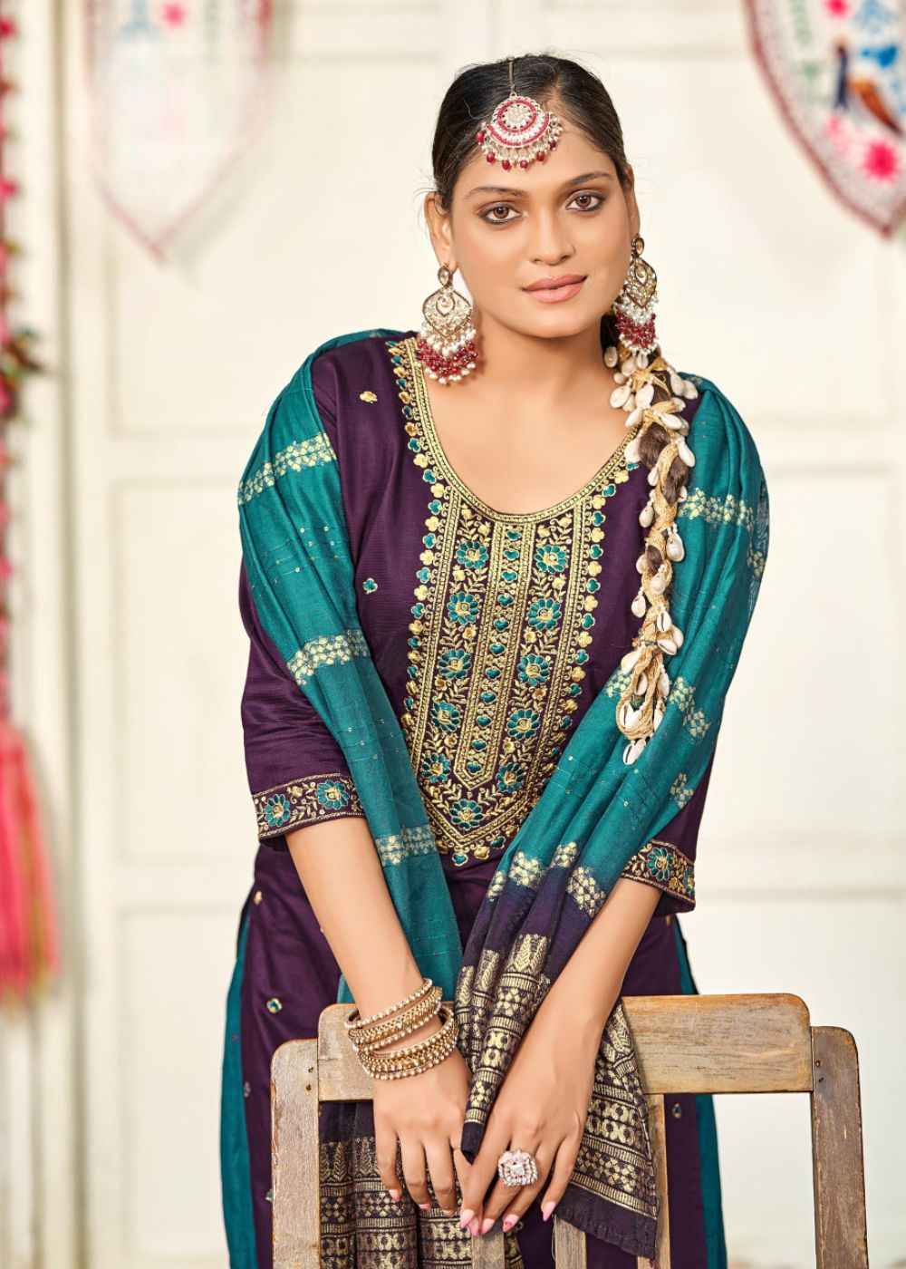 Peacock Teal Royalty – Plum & Teal Silk Embroidered Set