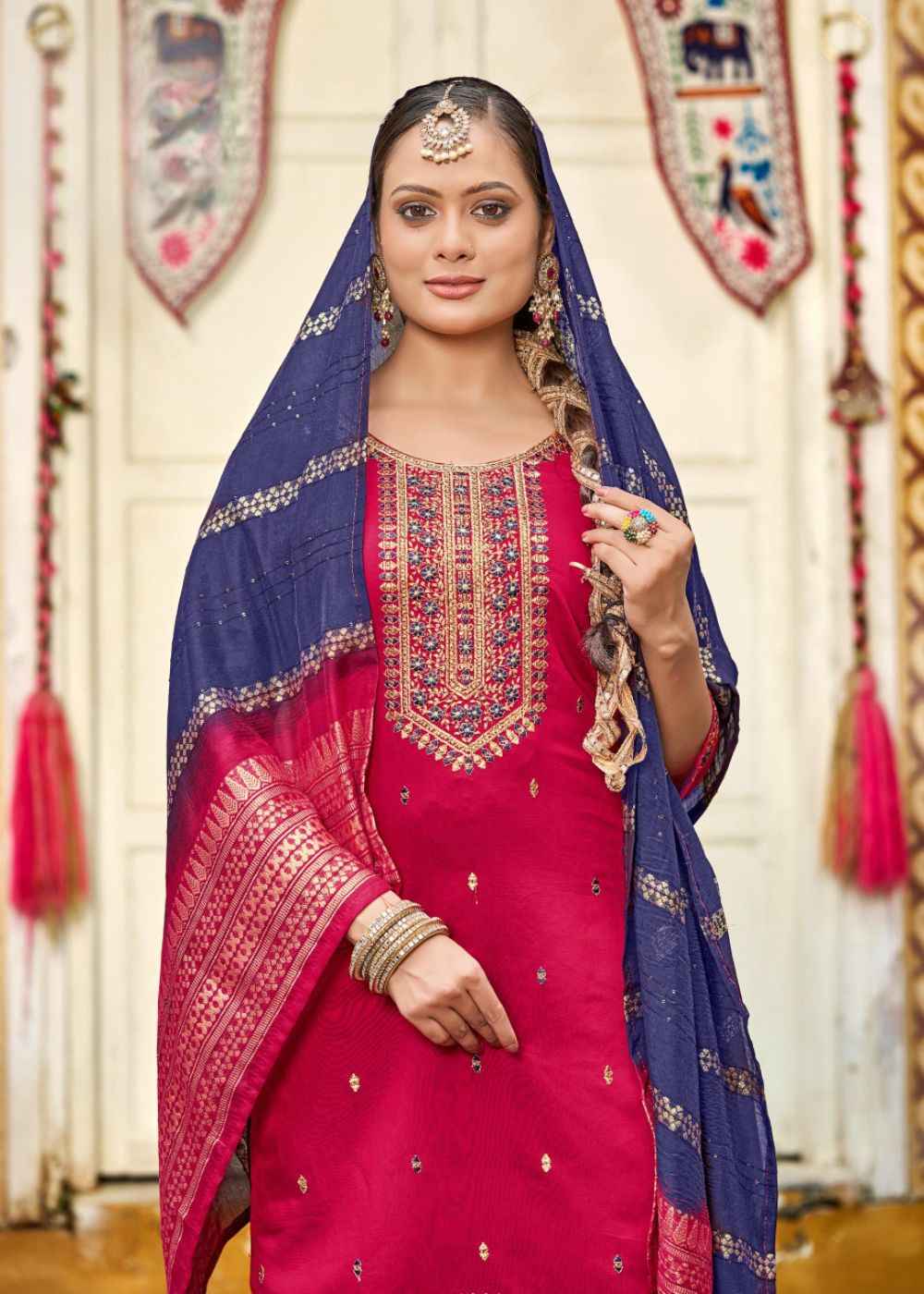 Wine Navy Splendour – Zari Embroidered Patiyala Suit