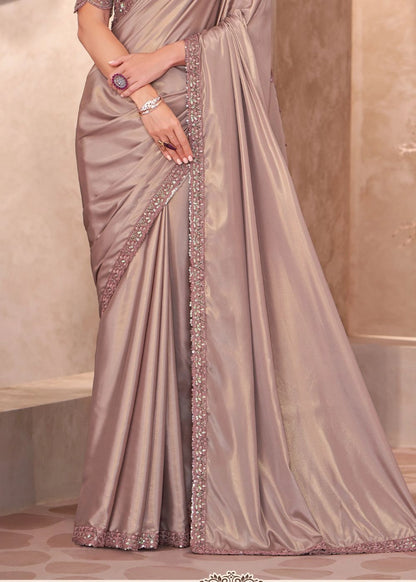 Beige Satin Chiffon Saree with Shimmer Embroidery