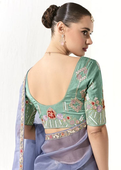 Lavanya Neel-Steel Blue Organza Tissue with Heavy Butta & Border Silk Saree