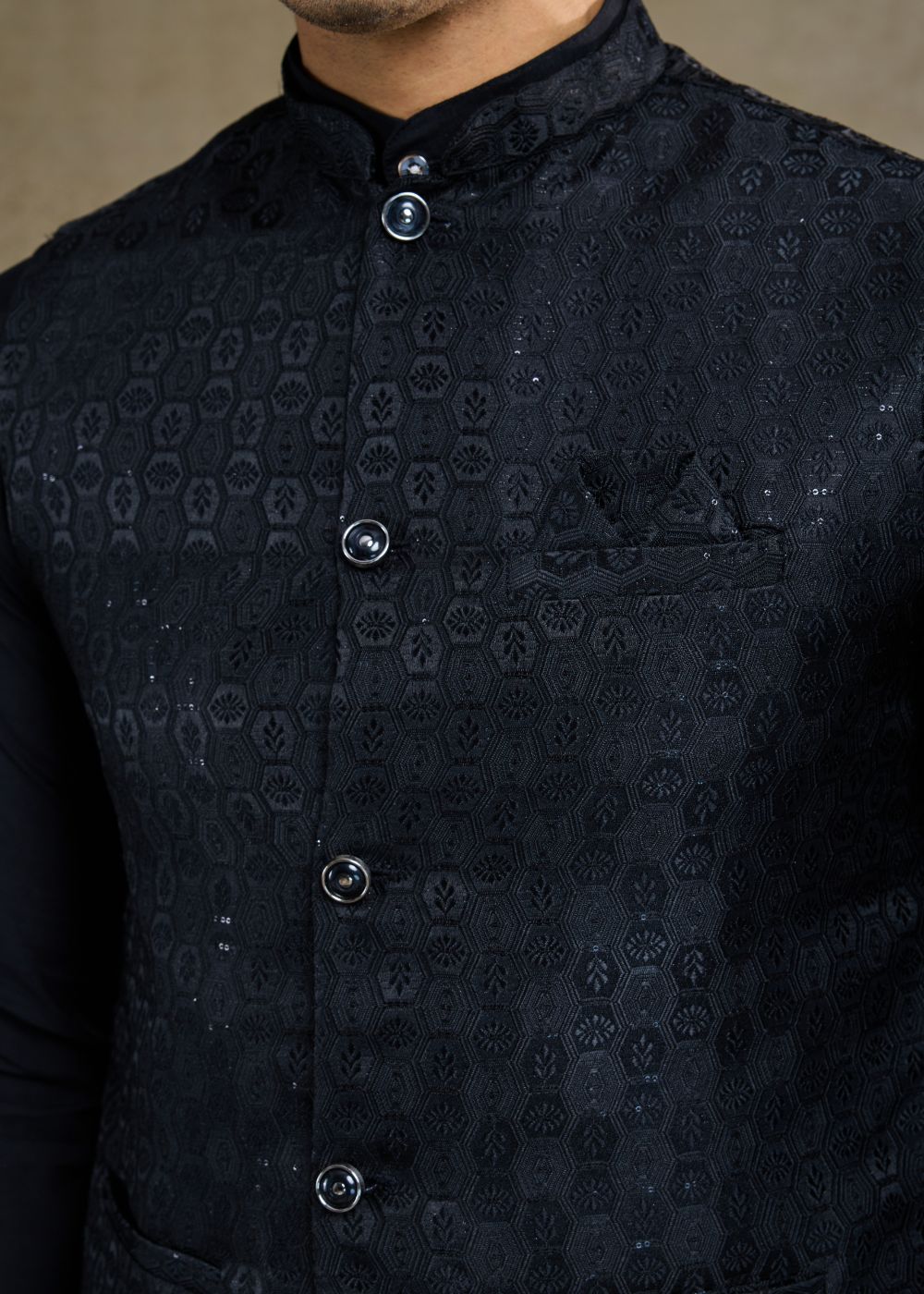 Midnight Regal – Black Viscose Silk Kurta with Rich Jacquard Designer Koti