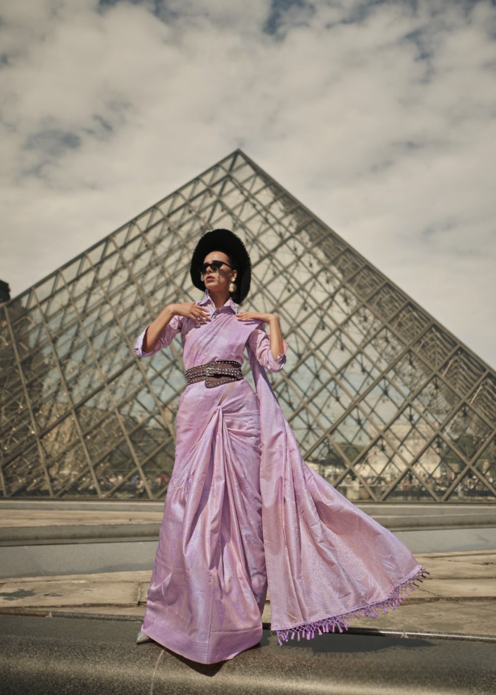 Lavender Lilac Satin Silk Saree with Self-Weaving