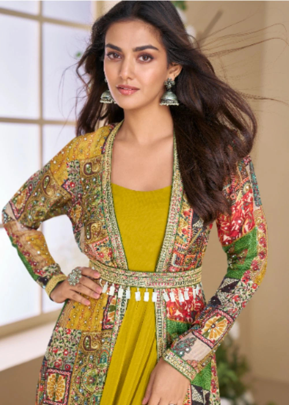 Mustard Glow Silk Embellished Shrug Set