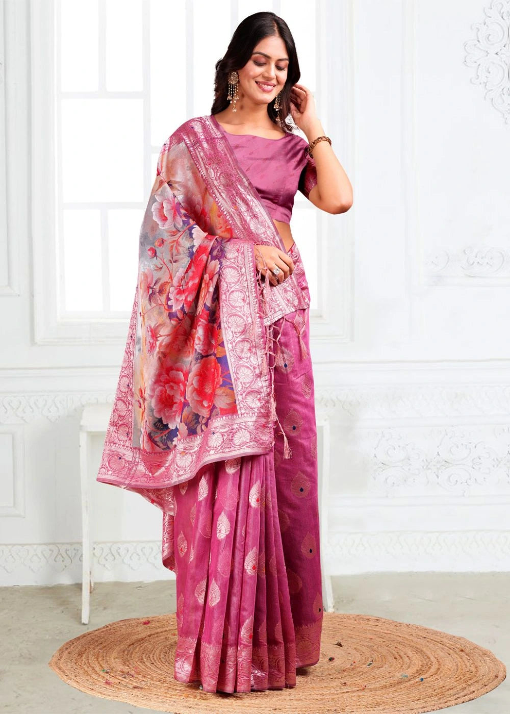 Orchid Pink Linen Cotton Saree with Rich Woven Motifs & Royal Garden Floral Pallu