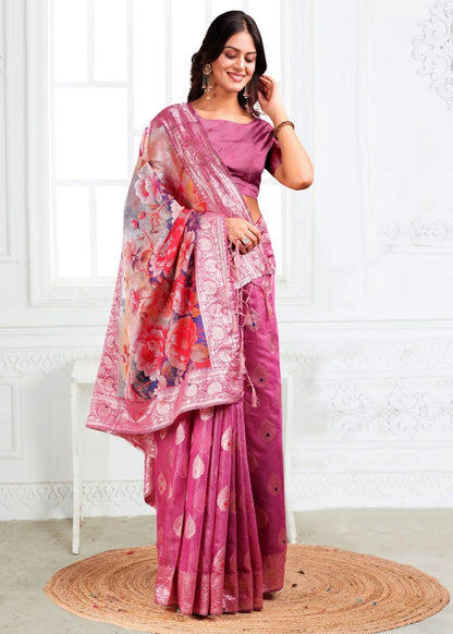 Orchid Pink Linen Cotton Saree with Rich Woven Motifs & Royal Garden Floral Pallu