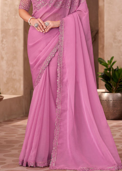 Baby Pink Satin Chiffon Saree with Designer Lace Border
