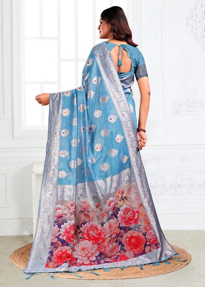Sky Blue Linen Cotton Saree with Zari Weaves & Multi-Floral Printed Pallu