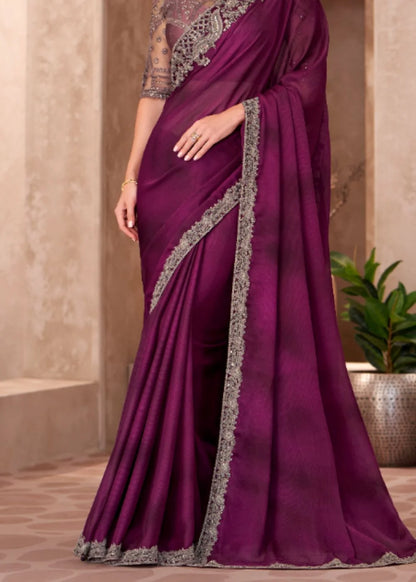 Plum Purple Satin Chiffon Saree with Shimmer Embroidered Lace