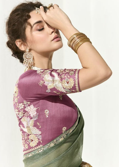 Pista Pallavi-Organza Tissue with Heavy Butta & Border Silk Saree