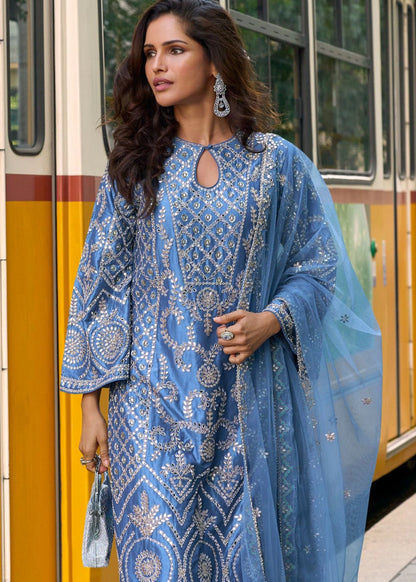 Sapphire Blue Simar Silk Suit with Heavy Mirror & Thread Work
