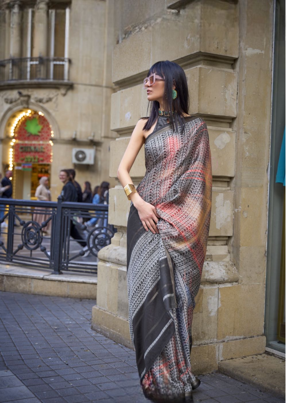 Charcoal Grey with Coral Pink & Metallic Weaves Premium Print Poly Viscose Handloom Weaving