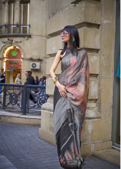 Charcoal Grey with Coral Pink & Metallic Weaves Premium Print Poly Viscose Handloom Weaving