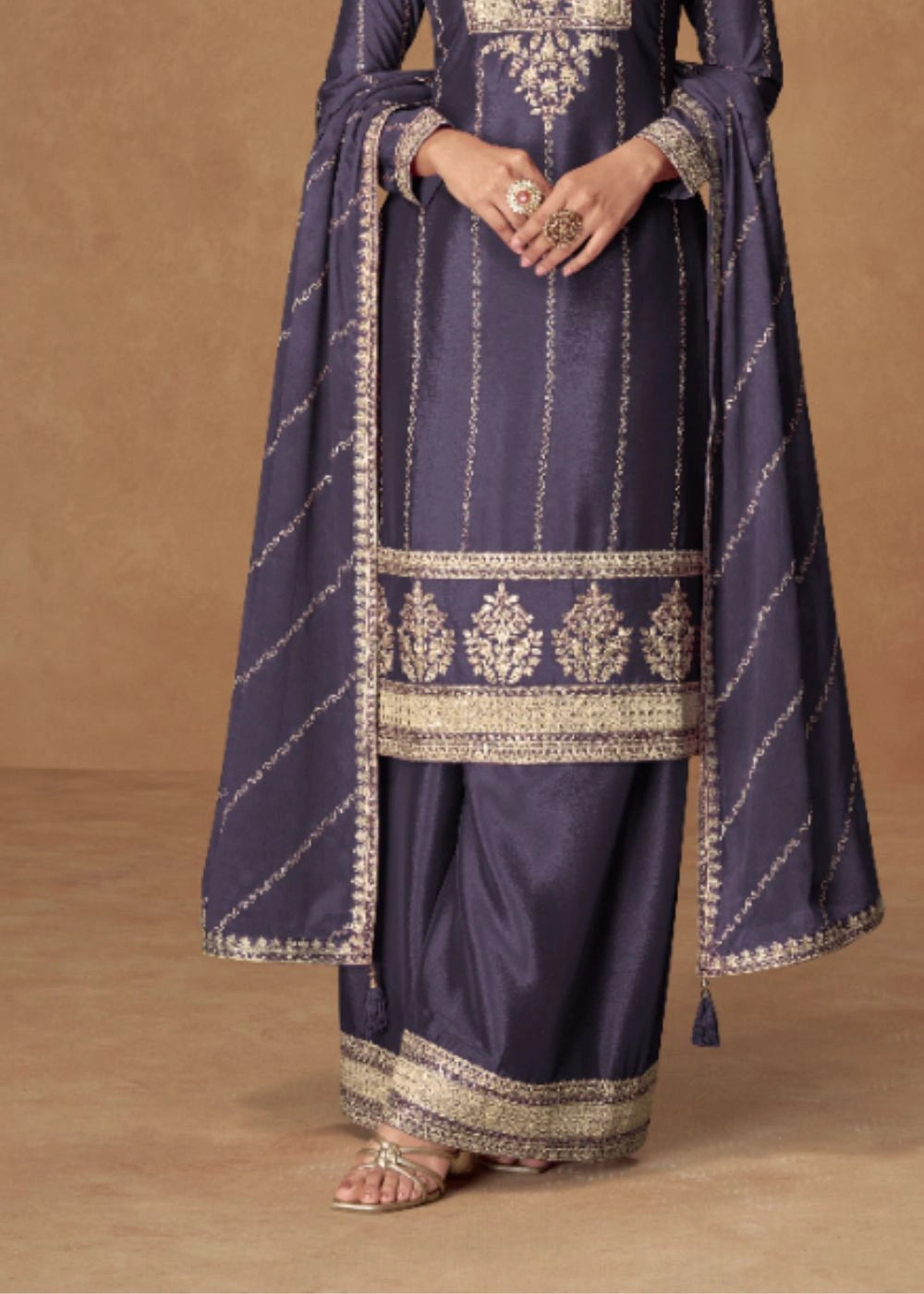 Midnight Sapphire Blue Premium Chinnon Silk Suit Adorned with Delicate Golden Thread Work & Elegant Dupatta