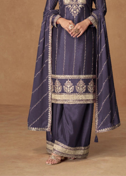 Midnight Sapphire Blue Premium Chinnon Silk Suit Adorned with Delicate Golden Thread Work & Elegant Dupatta